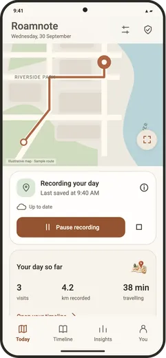 Today screen with the day's route on a map, recording controls and a summary of visits and distance.