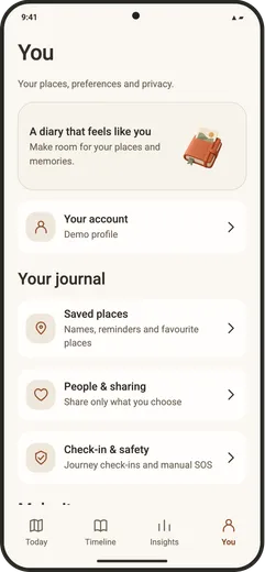 You screen with account, saved places, people and sharing, and check-in and safety settings.